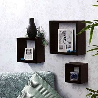 3個セットのダイニングセット 黒木製 収納棚 ディスプレイ 壁棚 キッチン家具