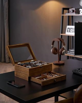 手作り 8 スロット 田舎型 ウォールナット 木製 時計 箱 2 層 展示ケース 大きな ガラス 蓋付き