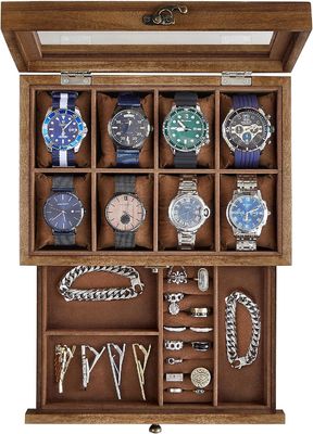 手作り 8 スロット 田舎型 ウォールナット 木製 時計 箱 2 層 展示ケース 大きな ガラス 蓋付き