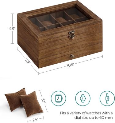 手作り 8 スロット 田舎型 ウォールナット 木製 時計 箱 2 層 展示ケース 大きな ガラス 蓋付き