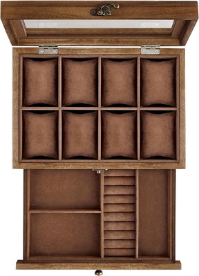 手作り 8 スロット 田舎型 ウォールナット 木製 時計 箱 2 層 展示ケース 大きな ガラス 蓋付き