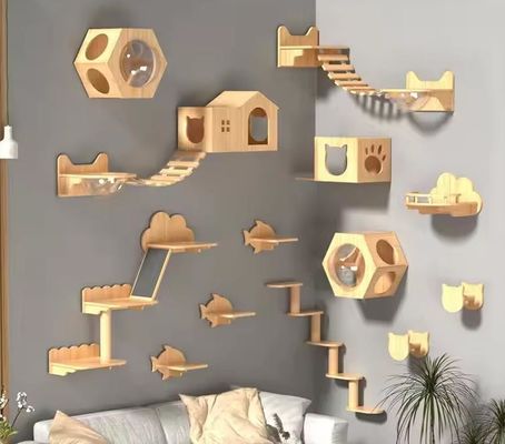 カスタムサイズ 壁にマウントされた猫ベッド リビングルームで登るための木製の猫の板棚