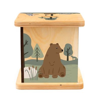 木製のピギーバンク シンプルな色で カスタマイズ可能な森の動物デザイン