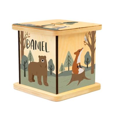 木製のピギーバンク シンプルな色で カスタマイズ可能な森の動物デザイン