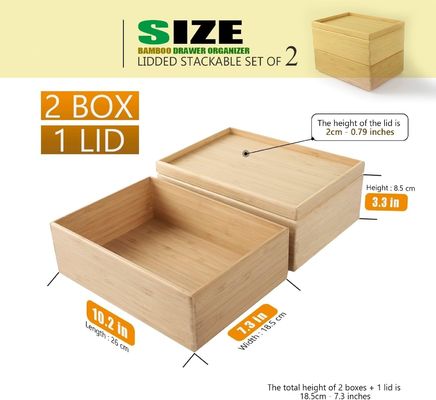 ギフトパッケージセット 2本 10.2×7.3インチ 積み立てられる竹の引き出しのオーガナイザー 層状の収納箱 トレイ