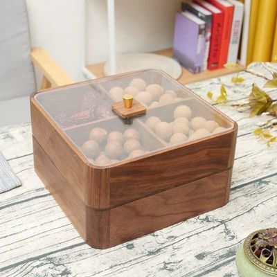 透明な蓋付きの木製の二層果物皿 茶色の木製の乾燥果物箱