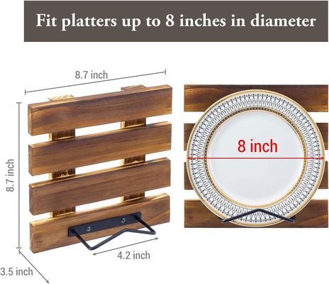 オーダーメイドサイズ 田舎式 焼いた固体木材と黒い金属のワイヤ 壁に設置されたプレートディスプレイラック