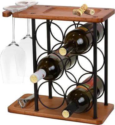 トレー付きの彫刻木製カウンタートップワインラック 手作り 6本と2本のグラスを収納