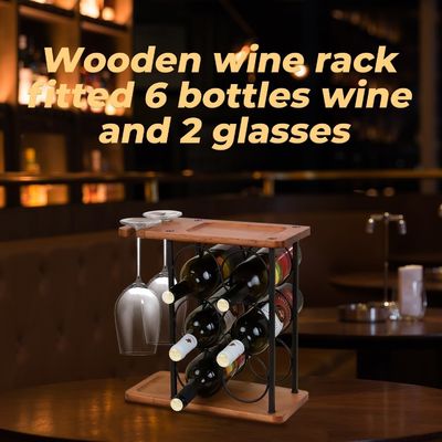 トレー付きの彫刻木製カウンタートップワインラック 手作り 6本と2本のグラスを収納