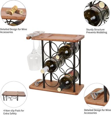 トレー付きの彫刻木製カウンタートップワインラック 手作り 6本と2本のグラスを収納