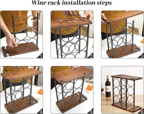 トレー付きの彫刻木製カウンタートップワインラック 手作り 6本と2本のグラスを収納