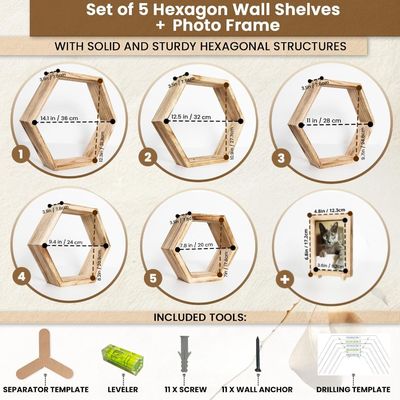 オーダーメイドの焼いたデザインと写真フレームの5つの六角浮遊棚セット