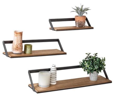 カスタマイズされたロゴ ホームデコレーションセット 3 黒/天然木製壁棚 吊り展示棚