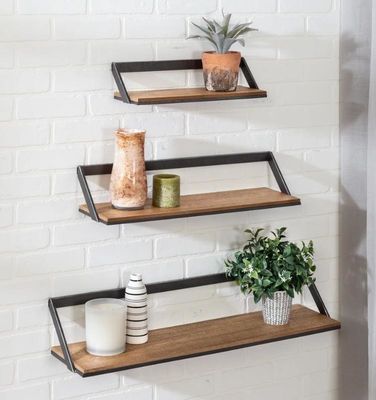 カスタマイズされたロゴ ホームデコレーションセット 3 黒/天然木製壁棚 吊り展示棚