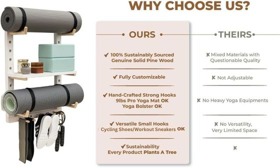 完全にカスタマイズ可能なホームジム壁掛けのための便利な木製ヨガマットオーガナイザー