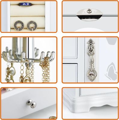 手作り ホワイト マシッド 木製 宝石 箱 4 引き出し 大きな鏡と ネックレス カルーセル