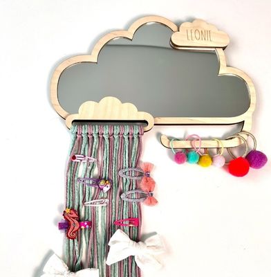 オーダーメイド 雲形 木製枠 子供の鏡 髪クリップとゴムバンドホルダー
