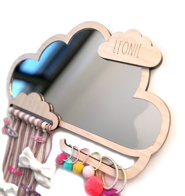 オーダーメイド 雲形 木製枠 子供の鏡 髪クリップとゴムバンドホルダー
