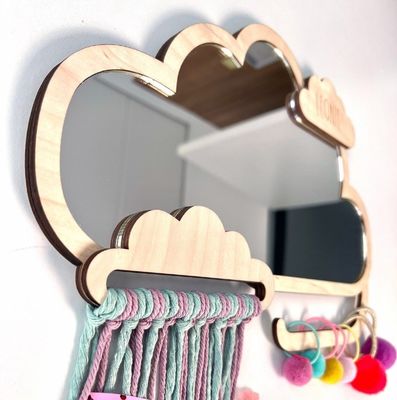 オーダーメイド 雲形 木製枠 子供の鏡 髪クリップとゴムバンドホルダー