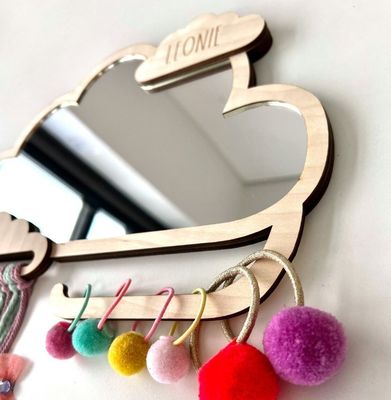 オーダーメイド 雲形 木製枠 子供の鏡 髪クリップとゴムバンドホルダー