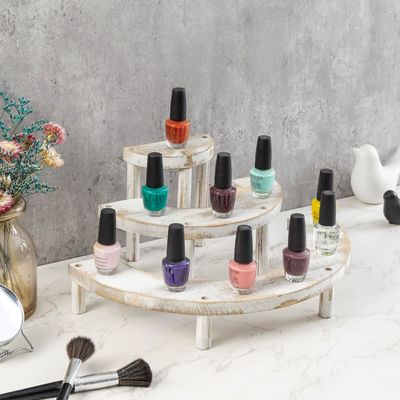 半円のカップケーキスタンドとディスプレイライザーのための彫刻木製白塗り3点セット