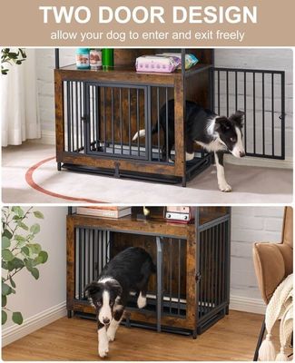 屋内用 木製 犬箱 202406 ダブルドア 滑り防げる引き出しトレイ付き 大型犬箱