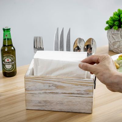 機材とナプキン用の折りたたみ不可のラック 白 洗濯された固木 黒 金属のハンドル