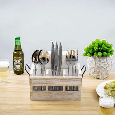 機材とナプキン用の折りたたみ不可のラック 白 洗濯された固木 黒 金属のハンドル