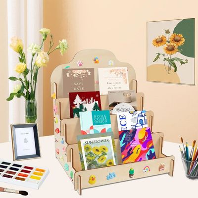 カスタムサイズ マシッドウッド 4 層ディスプレイスタンド グリーティングカード ステッカーとポストカード