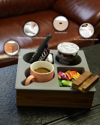 オーダーメイド ロゴ 柔らかい シリコン アカシア 木製 ソファー キャディ スナック 飲料 リモコン