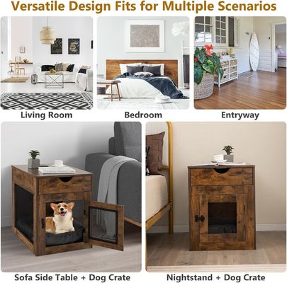 木製の犬飼育場端テーブル 取れる枕と収納引き出し 灰色 木色