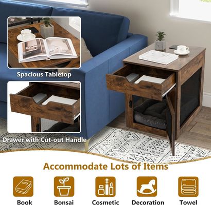 木製の犬飼育場端テーブル 取れる枕と収納引き出し 灰色 木色