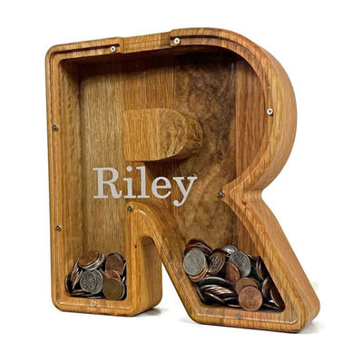 英語の手紙 木製の豚箱 個別化されたアルファベットマネーバンク 厚さ1.75インチ