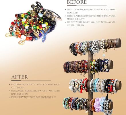 4階腕時計ネックレス 木製ディスプレイ ジュエリースタンドホルダー アンティークブラウン