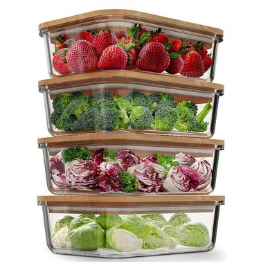 便利な4パック ガラス食品保管容器 バンブー蓋付き 簡単オープンエンドデザイン
