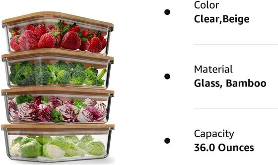 便利な4パック ガラス食品保管容器 バンブー蓋付き 簡単オープンエンドデザイン