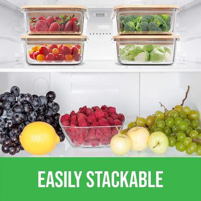 便利な4パック ガラス食品保管容器 バンブー蓋付き 簡単オープンエンドデザイン