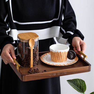 ロースティック ブラス ハンドル ウォールナッツ 木製 コーヒー テーブル デザート ケーキ お茶 カップ 手作り