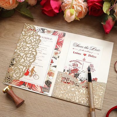 ヨーロッパ レーザーカット ホール ローズ ポケット 結婚式 招待状 封筒 と RSVP カード