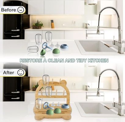 キッチン 立体型 バンブーボトルドライヤーホルダー 迅速な乾燥とスペース節約