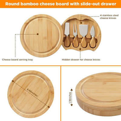 カスタムロゴと4つのステンレス鋼切断ナイフのカスタムサイズを持つ竹チーズボード