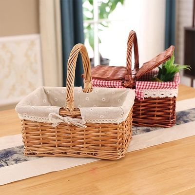 農村風 手織り キューブ ワイカー ガーデン ピクニック 収納バスケット ハンドル 30x20x15cm 備品