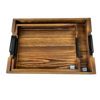 カスタマイズされたデザイン 金属ハンドル付きの田舎型長方形木製サービストレイ