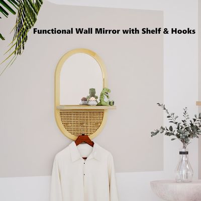 浴室 寝室 入り口 リビング 装飾鏡 棚とコートフック付き壁鏡 木製枠