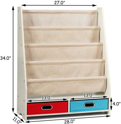 リビングルーム家具 4つのスリング棚と2つの引き出すおもちゃ保管箱の木製本棚オーガナイザー
