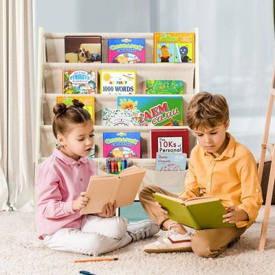 リビングルーム家具 4つのスリング棚と2つの引き出すおもちゃ保管箱の木製本棚オーガナイザー