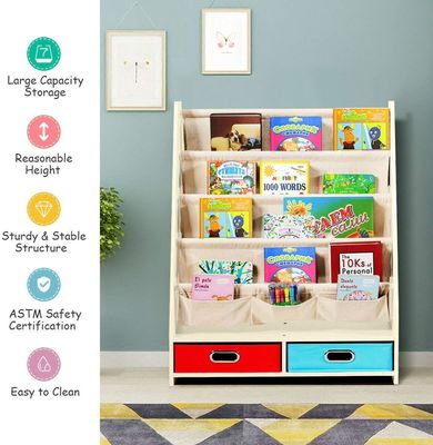 リビングルーム家具 4つのスリング棚と2つの引き出すおもちゃ保管箱の木製本棚オーガナイザー