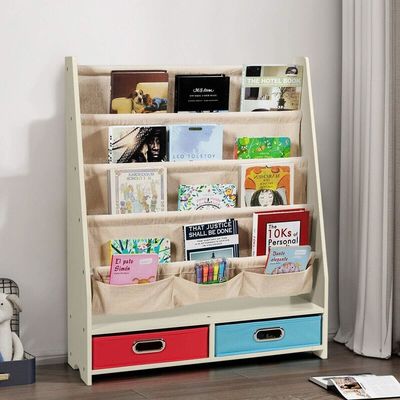 リビングルーム家具 4つのスリング棚と2つの引き出すおもちゃ保管箱の木製本棚オーガナイザー