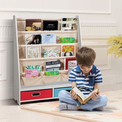 リビングルーム家具 4つのスリング棚と2つの引き出すおもちゃ保管箱の木製本棚オーガナイザー