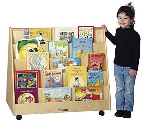 教室本棚 子供用収納キャビネット ステンカラーと双面型モバイルブックディスプレイ
